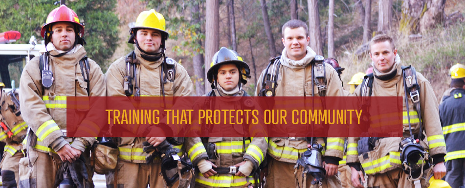 firefighers with forest in the background with text that says training that protects our community