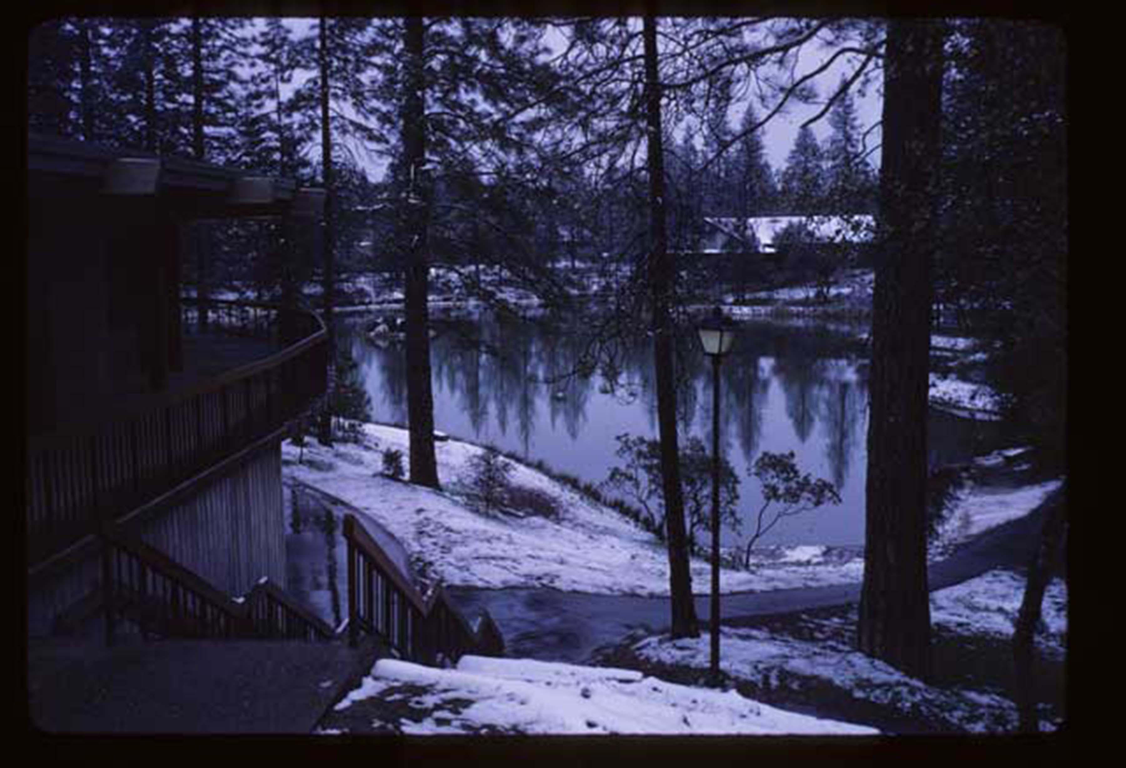 looking at lake from building in winter