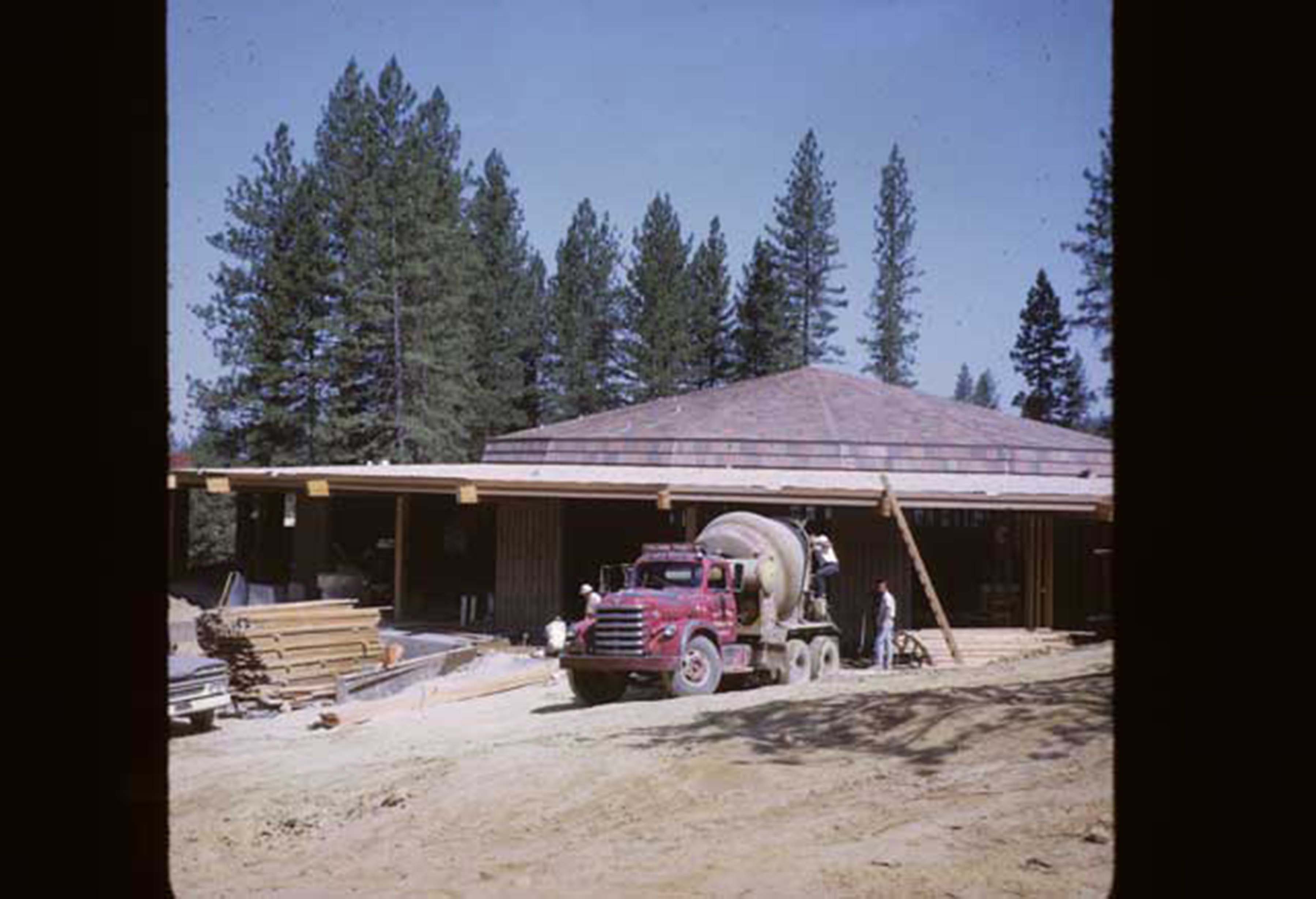 cement truck in front of building